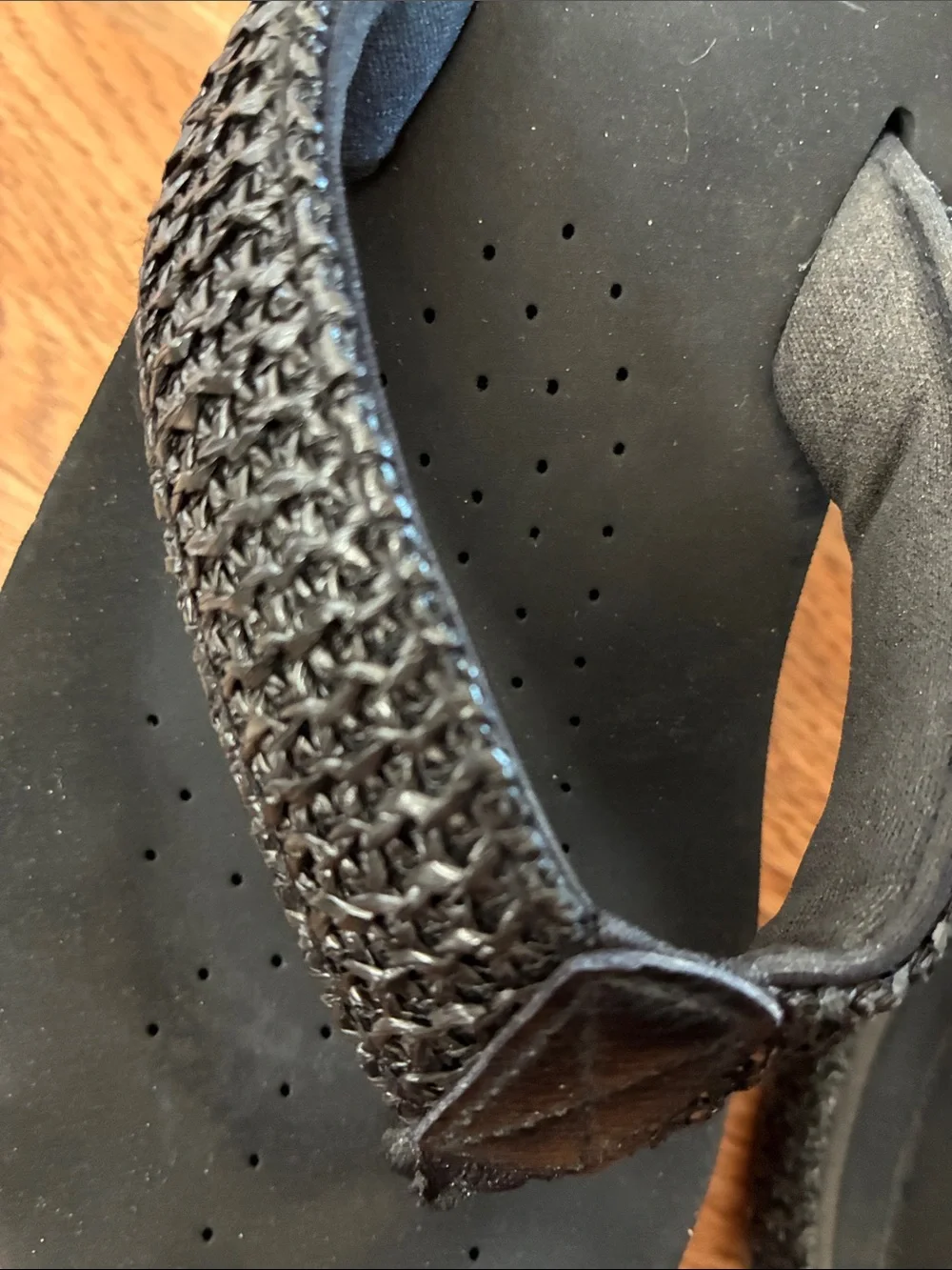 Volatile Black Braided Strap Thong Sandals with Yellow Logo